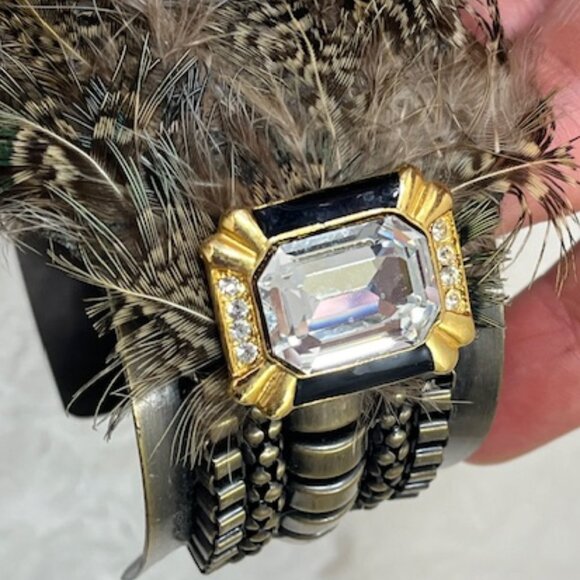 VTG Bird Feathered Crystal Rhinestones Brass Metal Bracelet Adjustable 6.5" - Picture 10 of 16